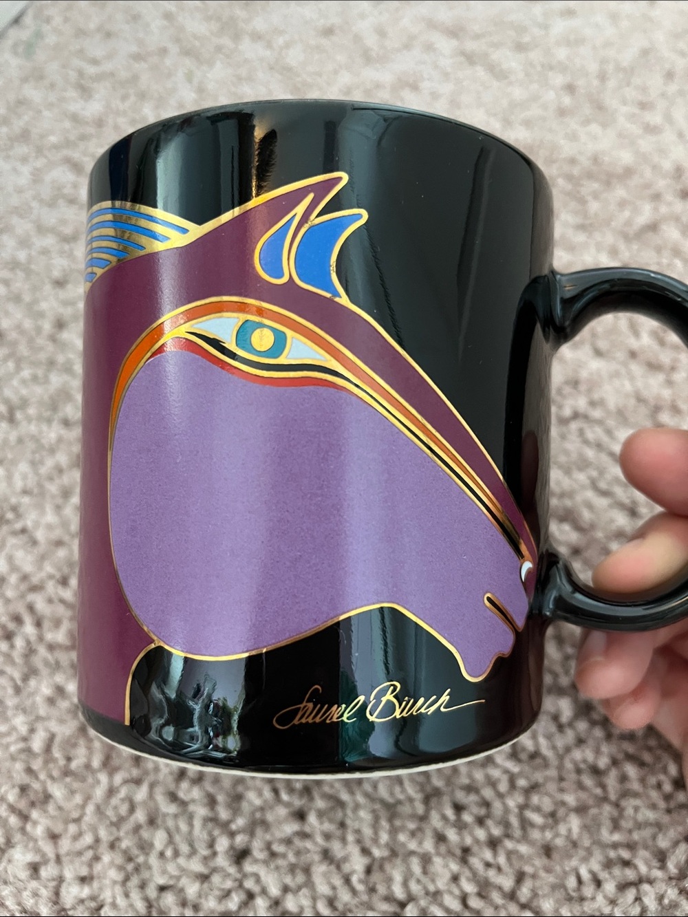 Laurel Burch Vintage Kundus Black Mug with Purple, Gold & Blue Horse Motif